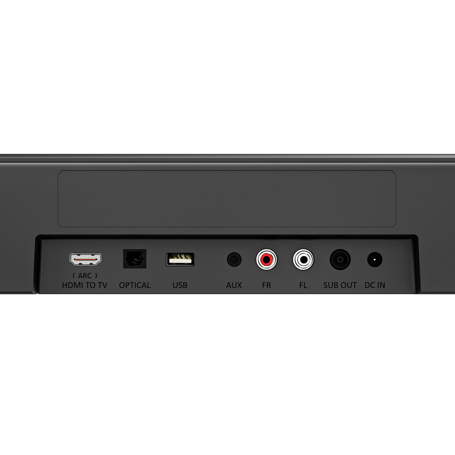Tył soundbara z portami: HDMI, Optyczny, USB, AUX, FR, FL, Sub Out, DC In.