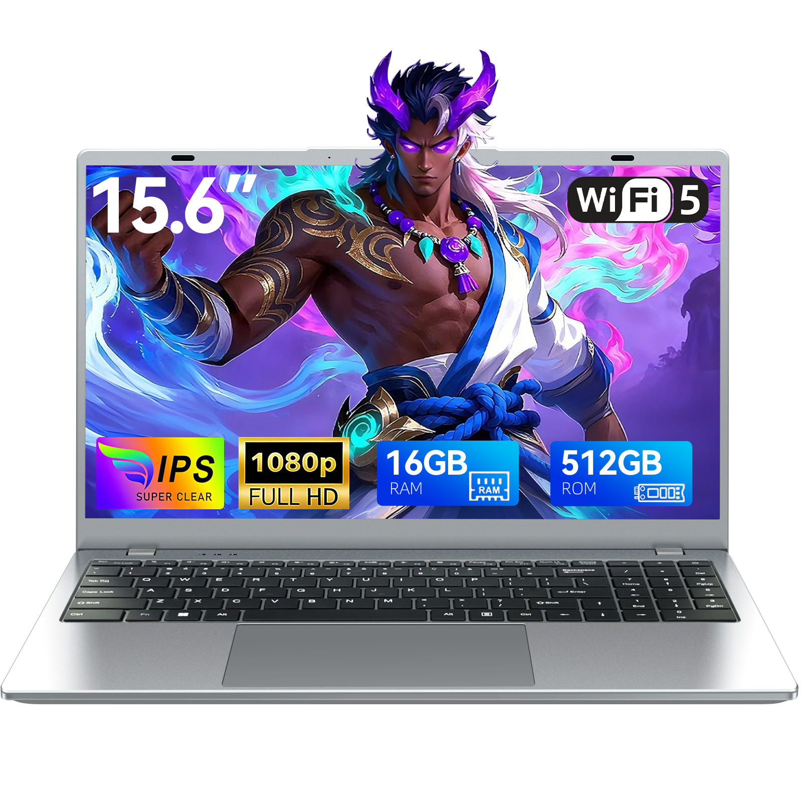 Ein silberner Laptop mit einem 15,6-Zoll-Bildschirm, der einen Krieger mit lila Hörnern anzeigt.