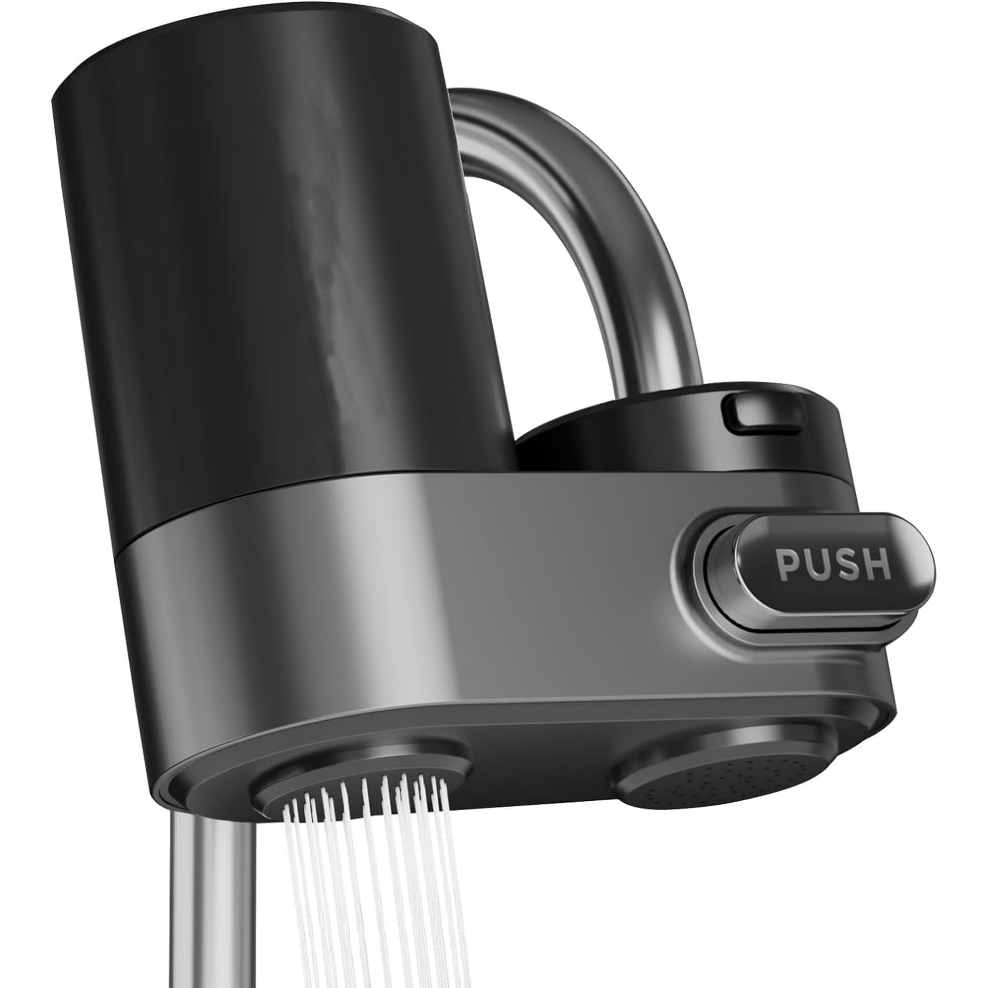 Ein moderner schwarzer Wasserhahn mit einem Schalter und Wasserstrahlen.