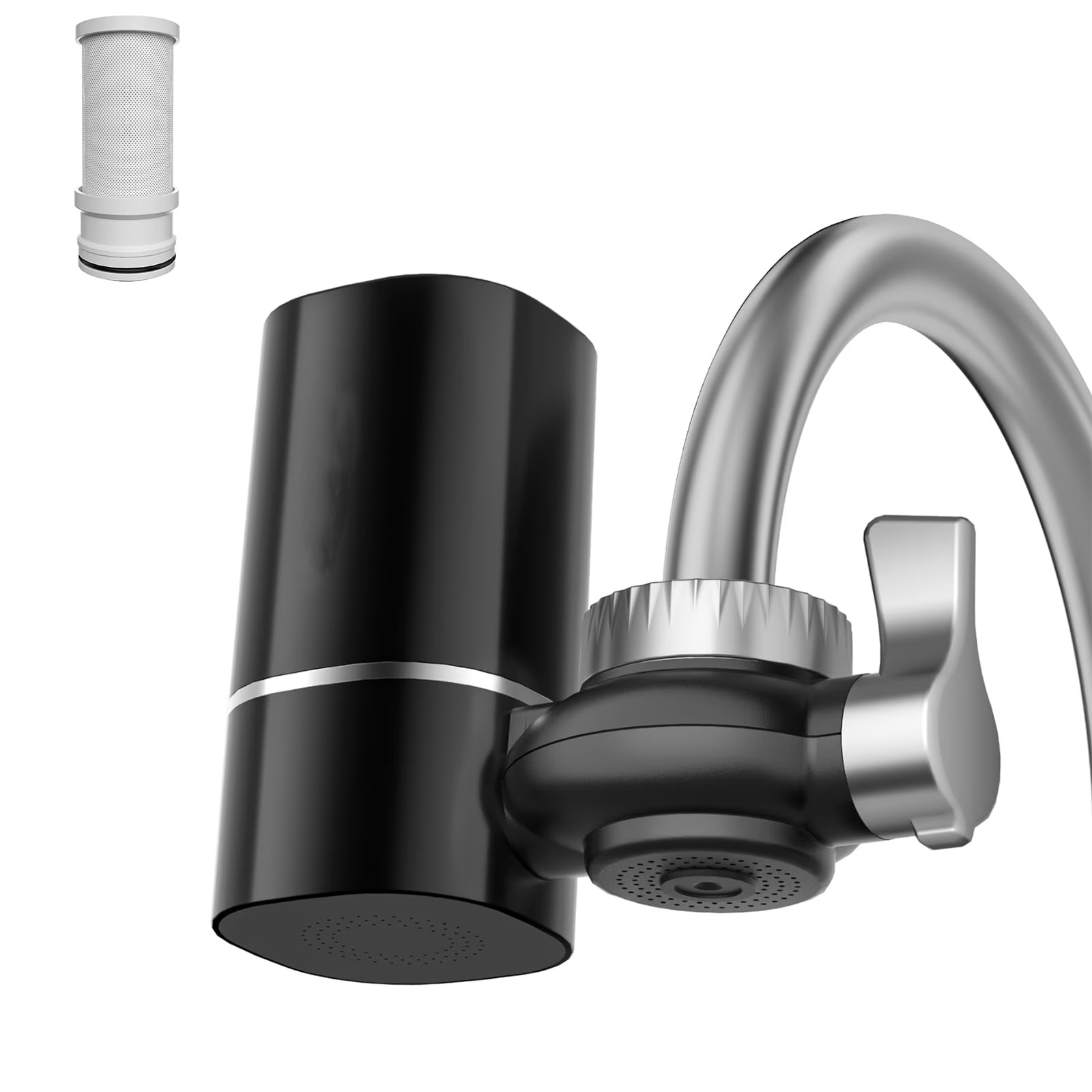 Ein schwarzer Wasserfilteraufsatz mit silbernem Wasserhahn und separatem Filterzylinder.