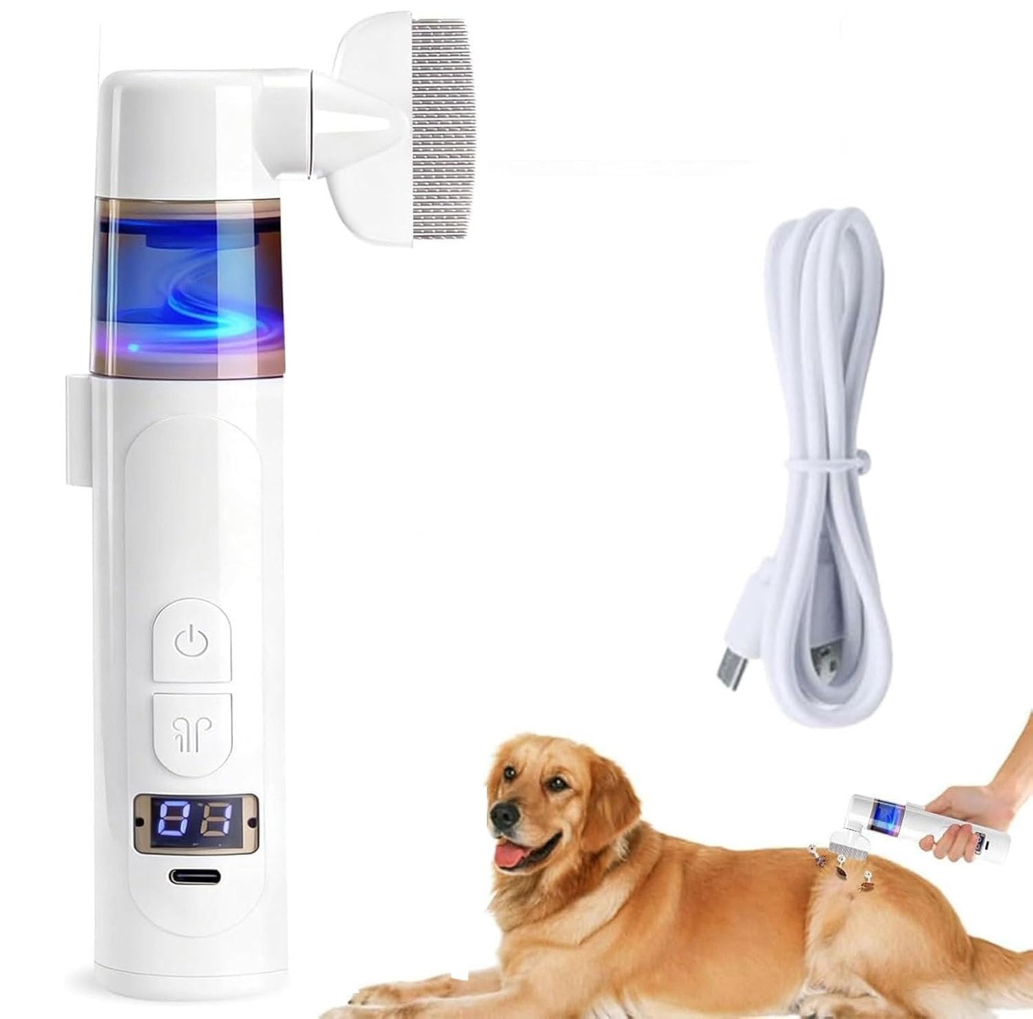 Ein weißes Gerät mit blauer Flüssigkeit und ein Ladekabel neben einem liegenden Golden Retriever.