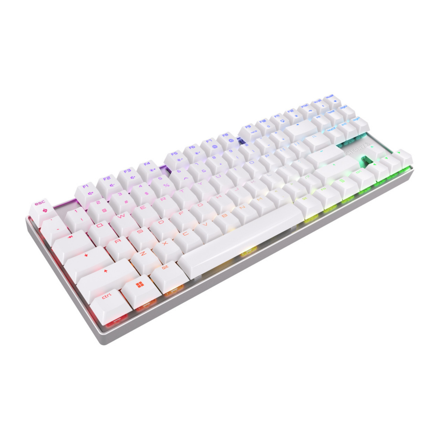 Biała klawiatura z podświetleniem RGB na białym tle.