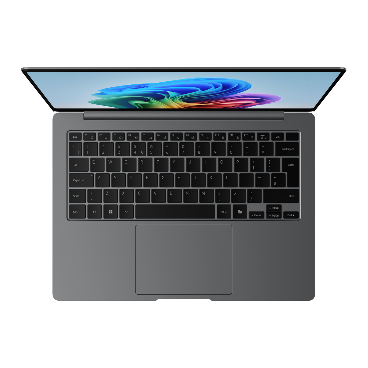 Szary laptop z otwartą pokrywą, wyświetlający kolorowy ekran. Widoczna klawiatura i touchpad.