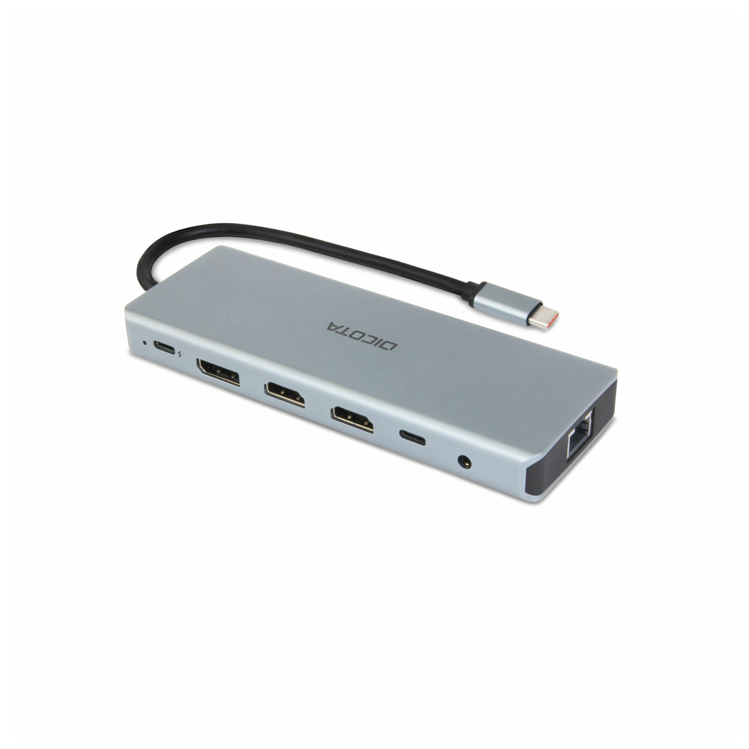 Grauer USB-C-Hub mit HDMI-, USB-A- und Ethernet-Anschlüssen.