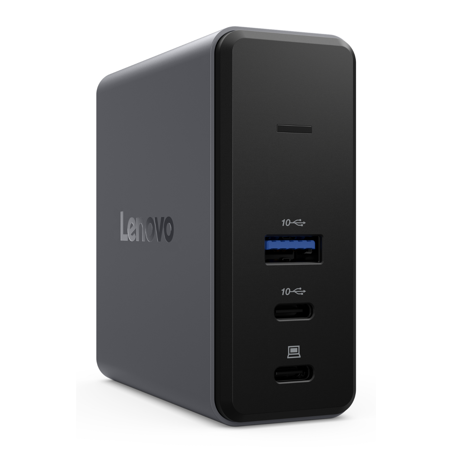 Grauer Lenovo Netzstecker mit USB-A und zwei USB-C Anschlüssen.