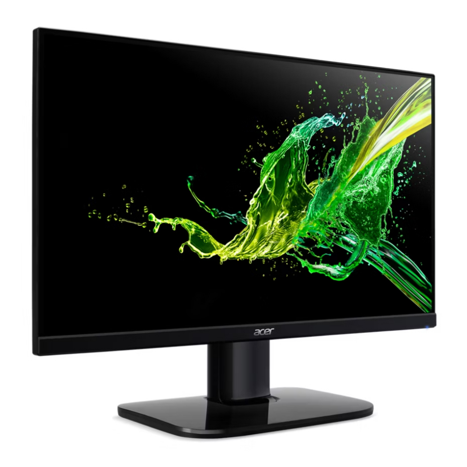 Black Acer monitor displaying green and yellow liquid splash graphic on screen.