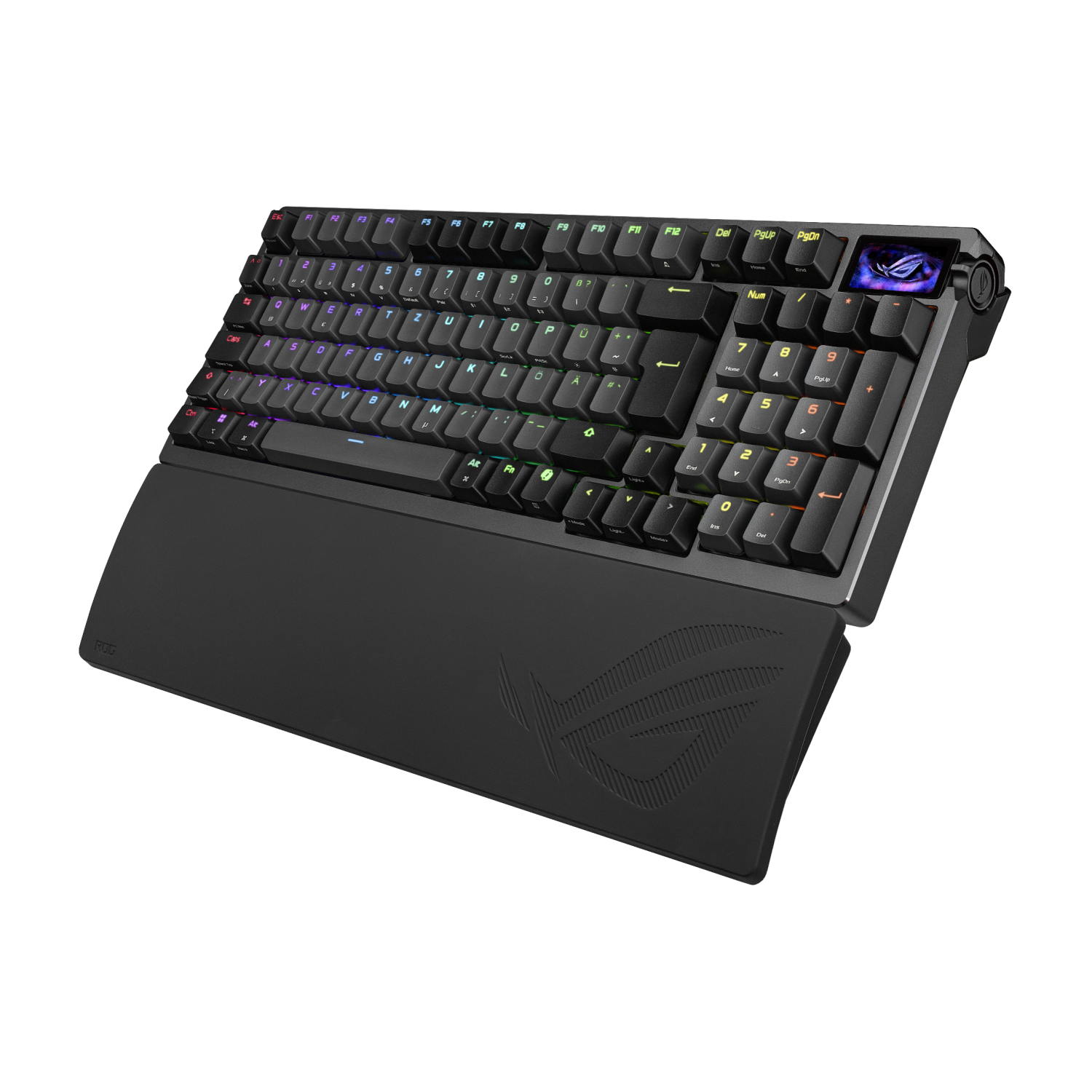 Tastiera gaming nera con illuminazione RGB e poggiapolsi rimovibile.