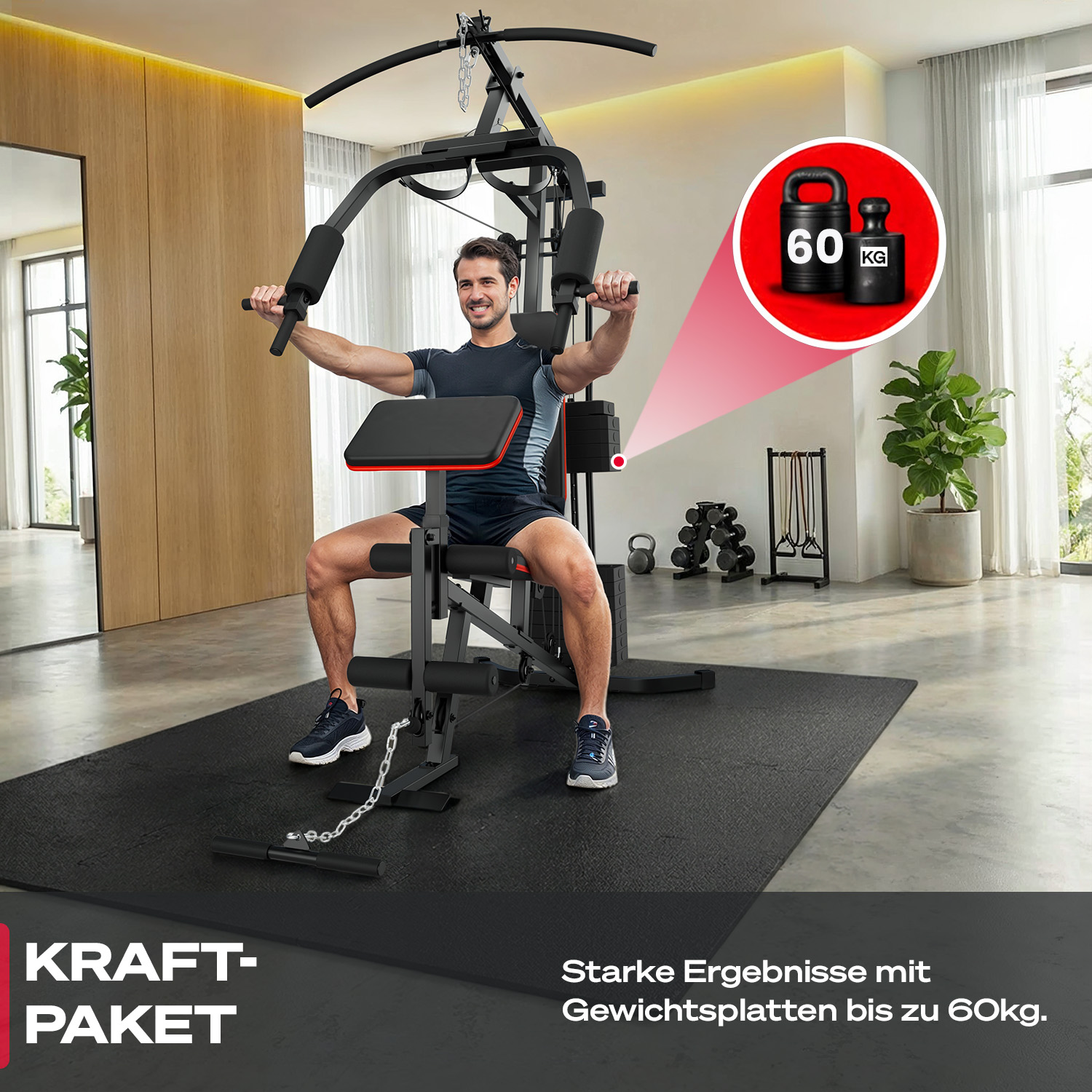 Mann trainiert mit einem Heimtrainer, Gewichte bis 60kg.
