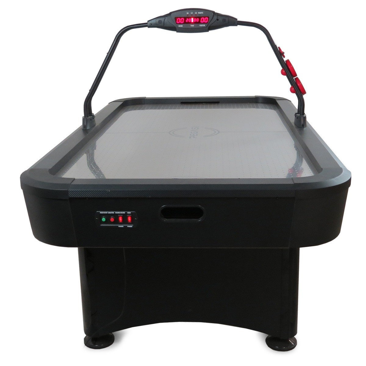 Een zwarte airhockeytafel met digitaal scorebord en rode accenten.