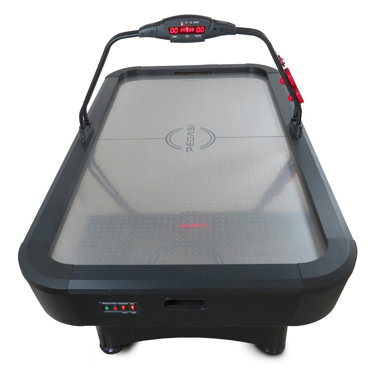 Een zwarte airhockeytafel met digitaal scorebord en rode knoppen.