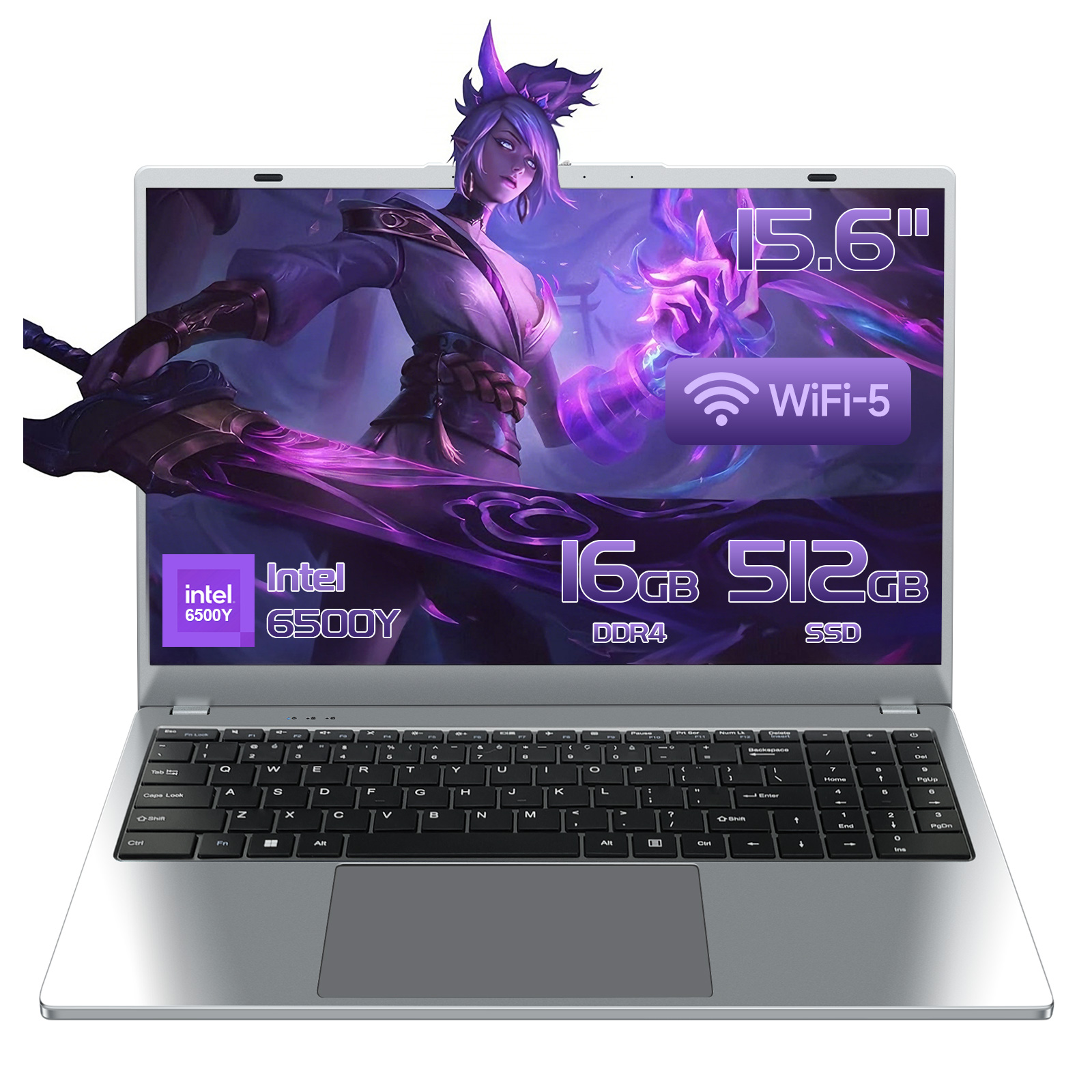 Ein silberner Laptop mit einem Bild eines Anime-Charakters auf dem Bildschirm.