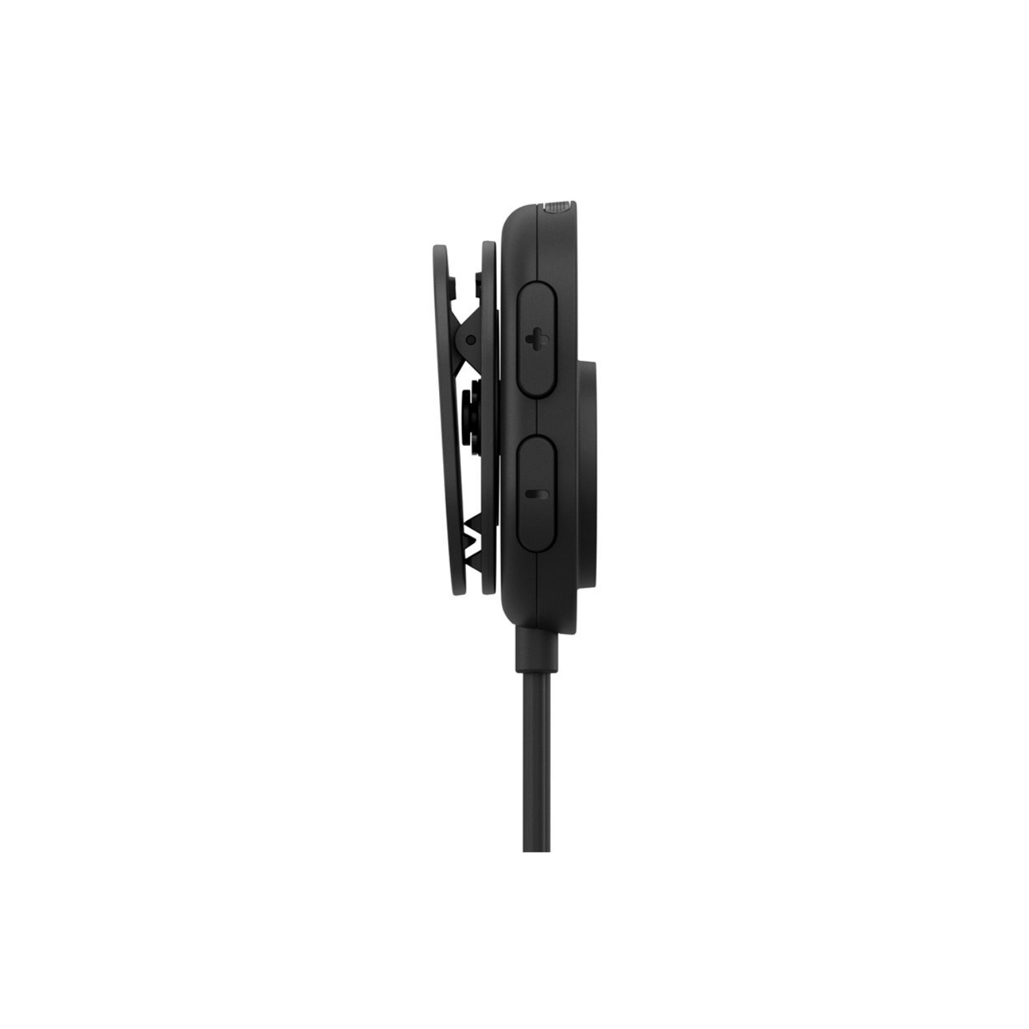 Clip nera con cavo e dispositivo di profilo su sfondo bianco.