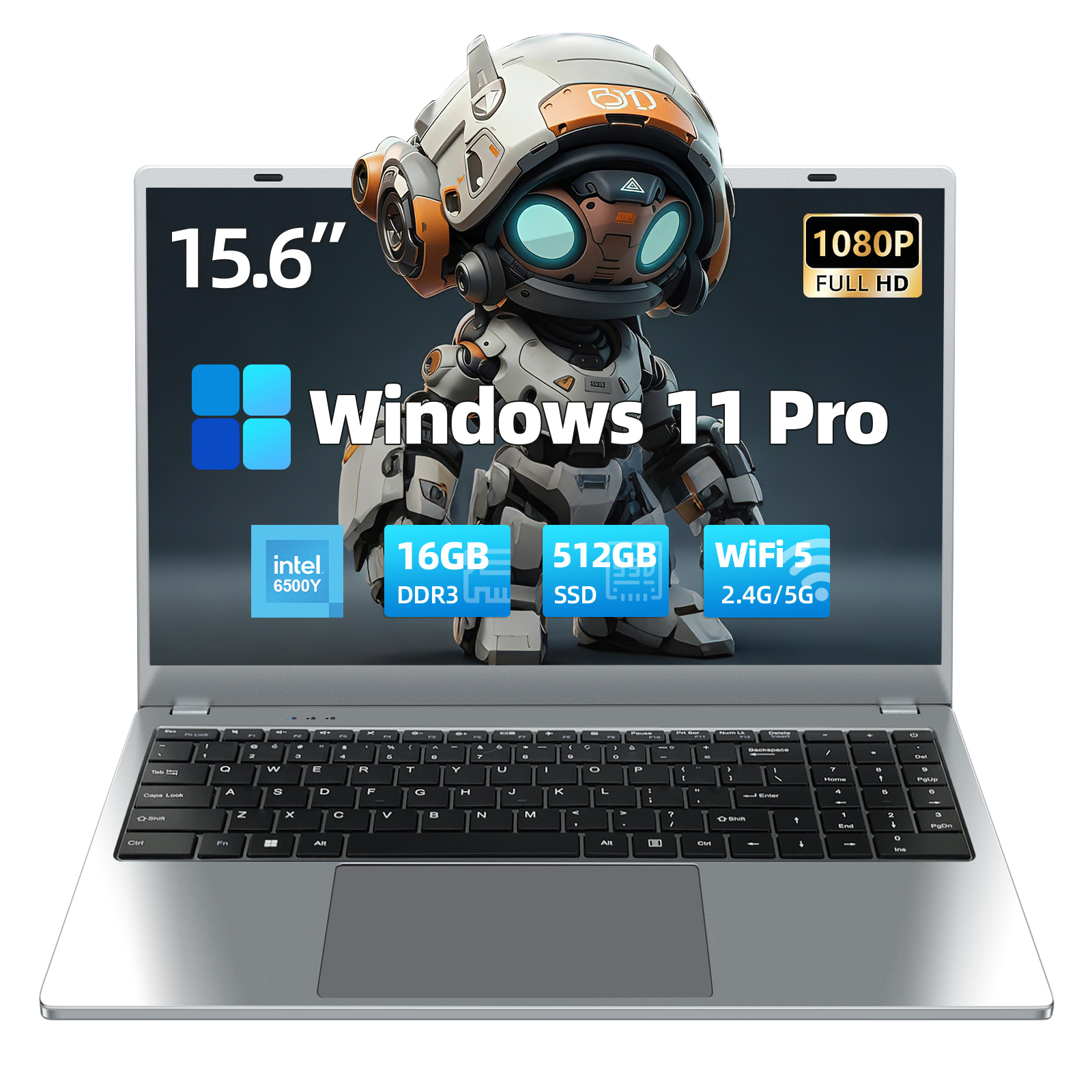 Ein Laptop mit 15,6-Zoll-Bildschirm, der einen Roboter und Windows 11 Pro zeigt.