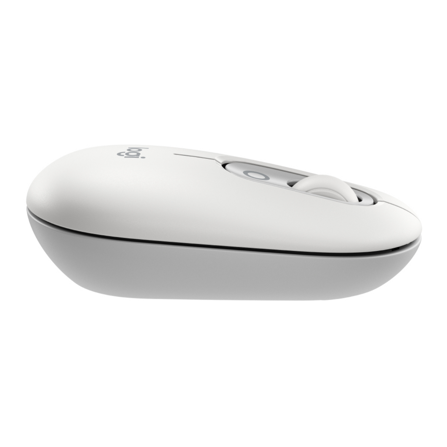 Biała mysz Logitech z szarą podstawą, widziana z boku.