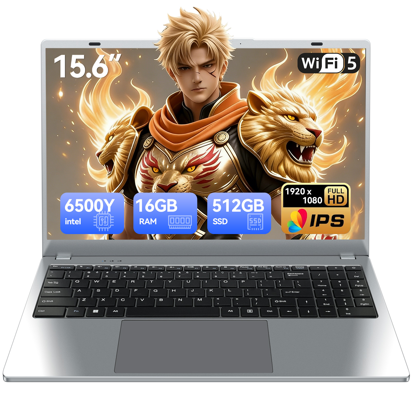 Ein Laptop mit einem Anime-Charakter und Löwen, 15,6 Zoll, Intel 6500Y, 16 GB RAM, 512 GB SSD.