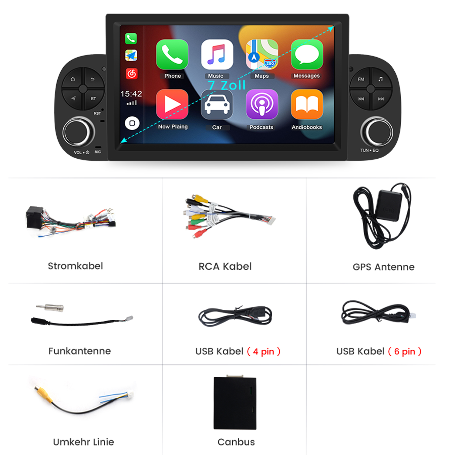 Autoradio mit Touchscreen und Zubehör: Kabel, Antennen, Canbus.
