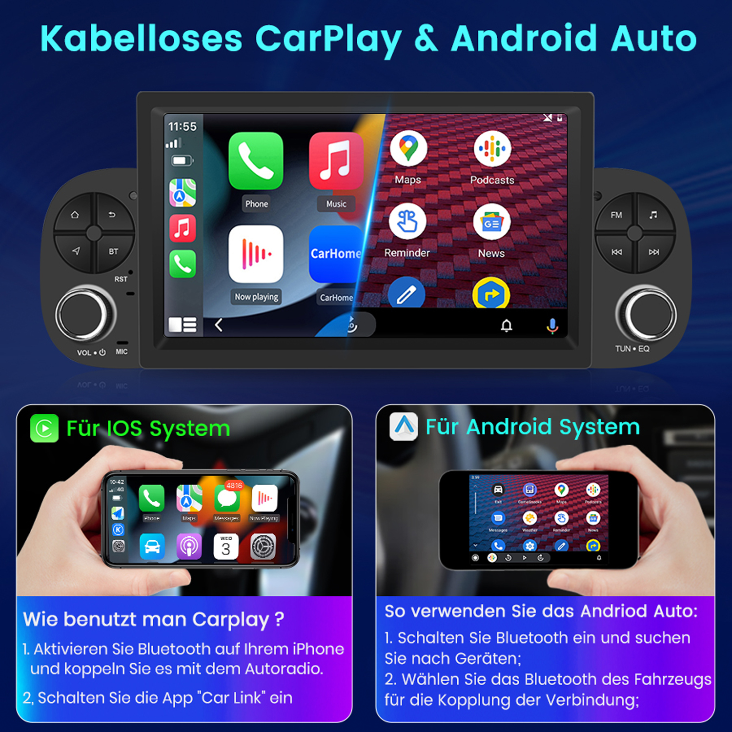 Ein Autoradio mit Touchscreen zeigt CarPlay und Android Auto. Links ein iPhone, rechts ein Android-Handy.