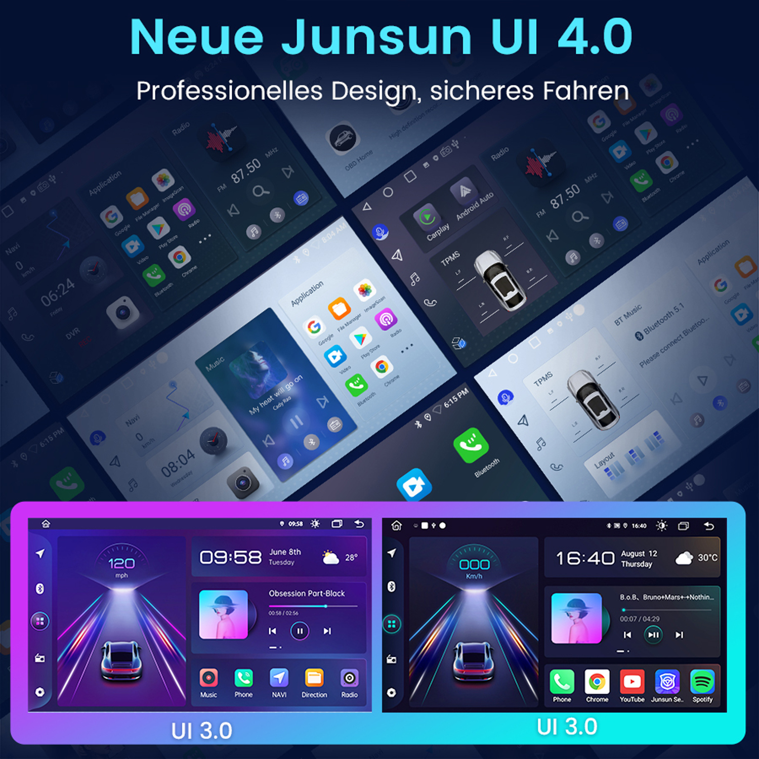 Mehrere Autodisplay-Oberflächen mit Apps wie Radio, Navigation und Musik.