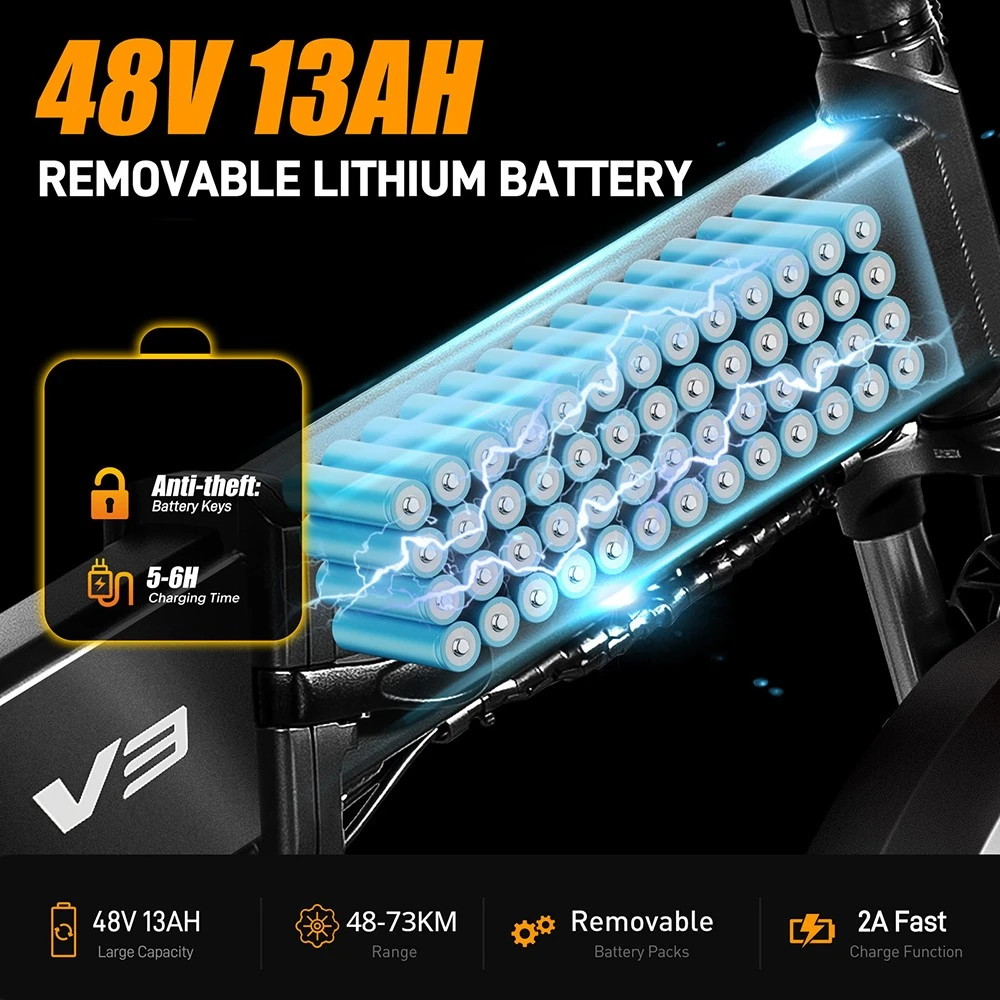 Batería de litio extraíble de 48V 13AH con llaves antirrobo y carga rápida.