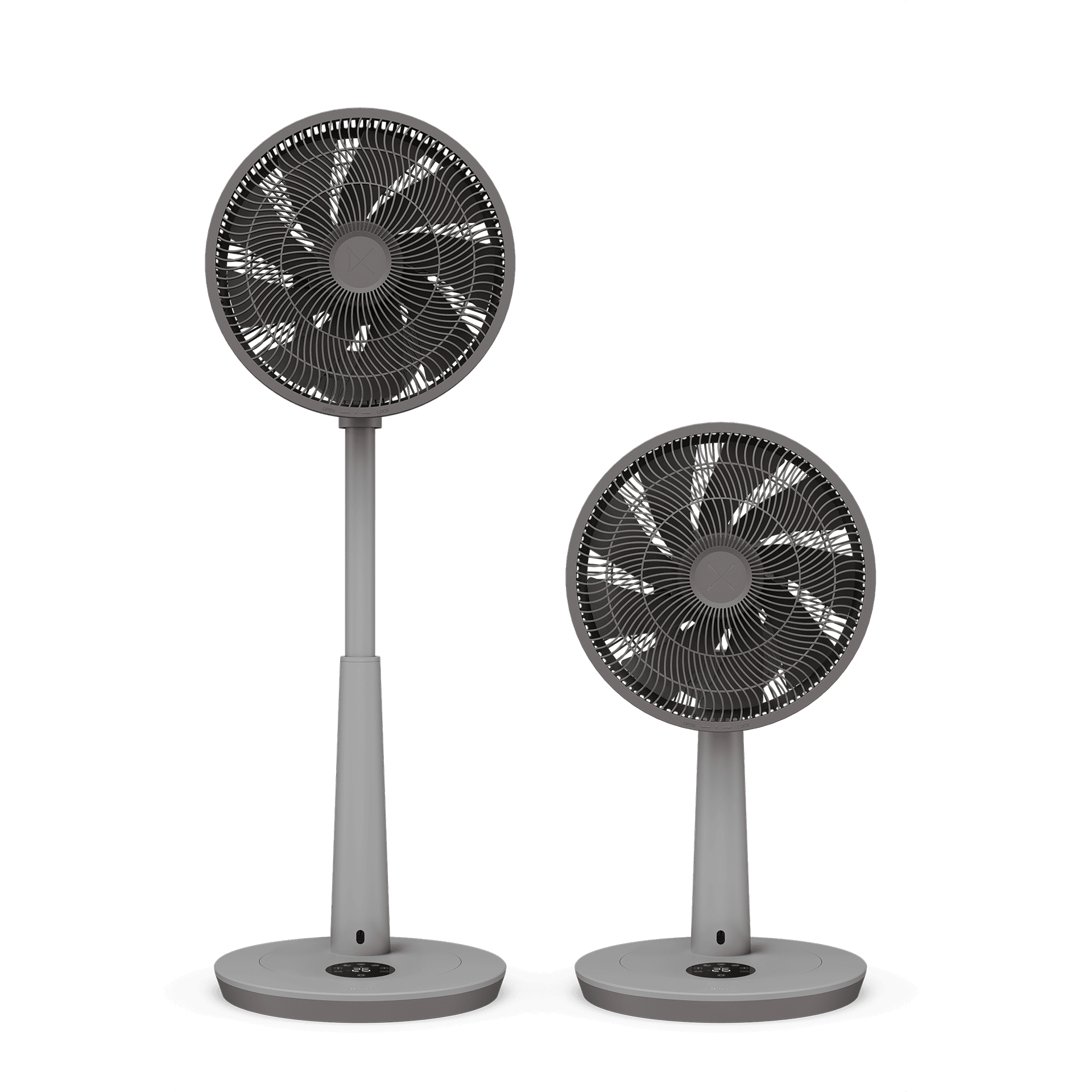 Zwei graue Standventilatoren nebeneinander auf einem grünen Hintergrund.