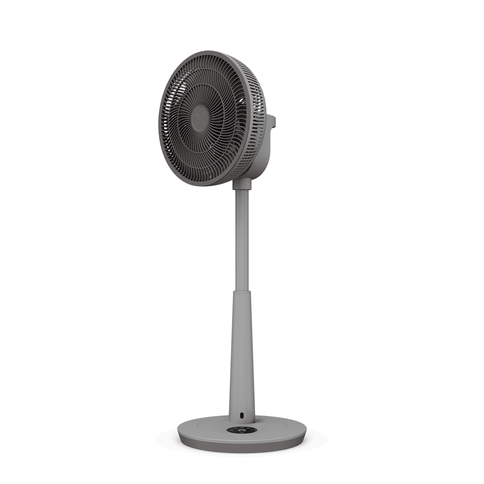 Ein grauer Standventilator mit rundem Sockel und Bedienfeld.