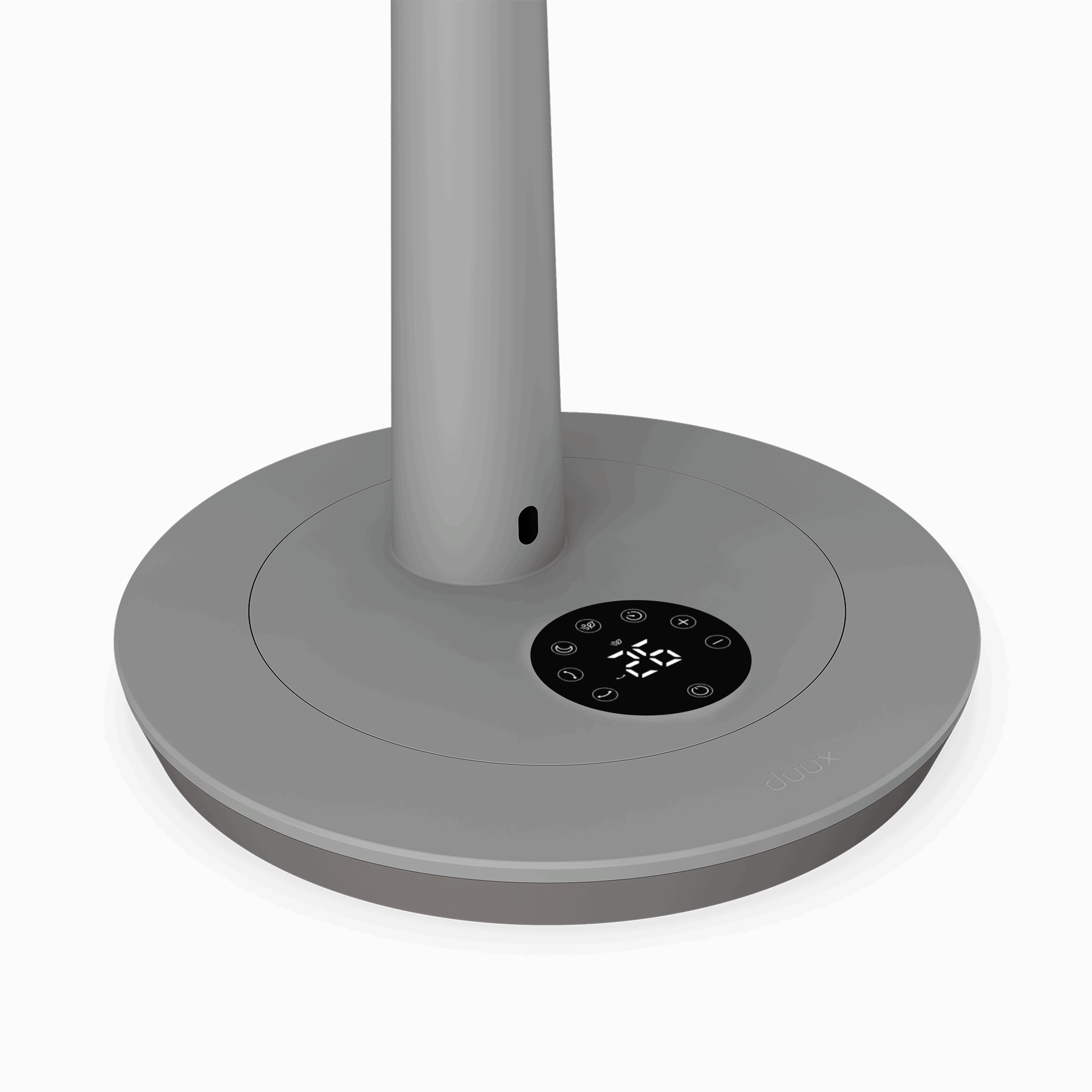 Grauer Ventilatorfuß mit digitaler Anzeige und Symbolen. 