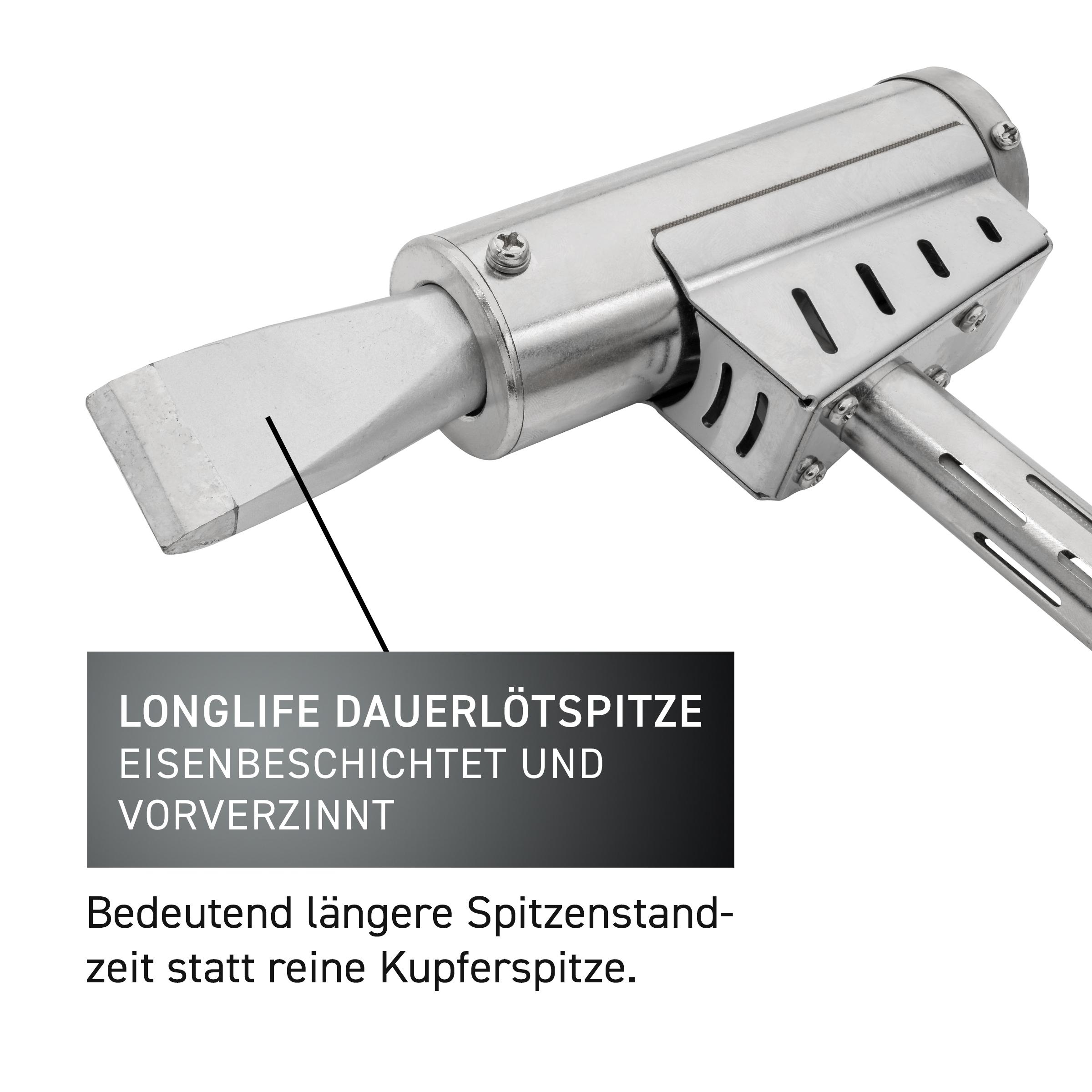 Detailaufnahme einer Lötspitze aus Metall mit Schrauben und Lüftungsschlitzen.