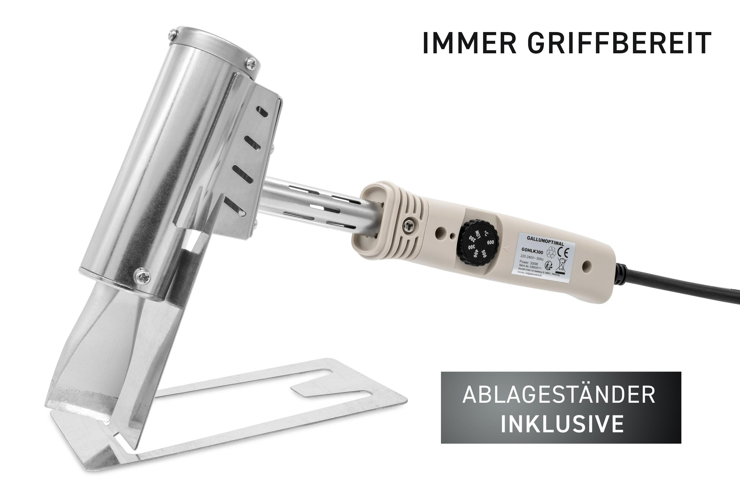 Heißluftföhn mit Temperaturregler und Metallständer.