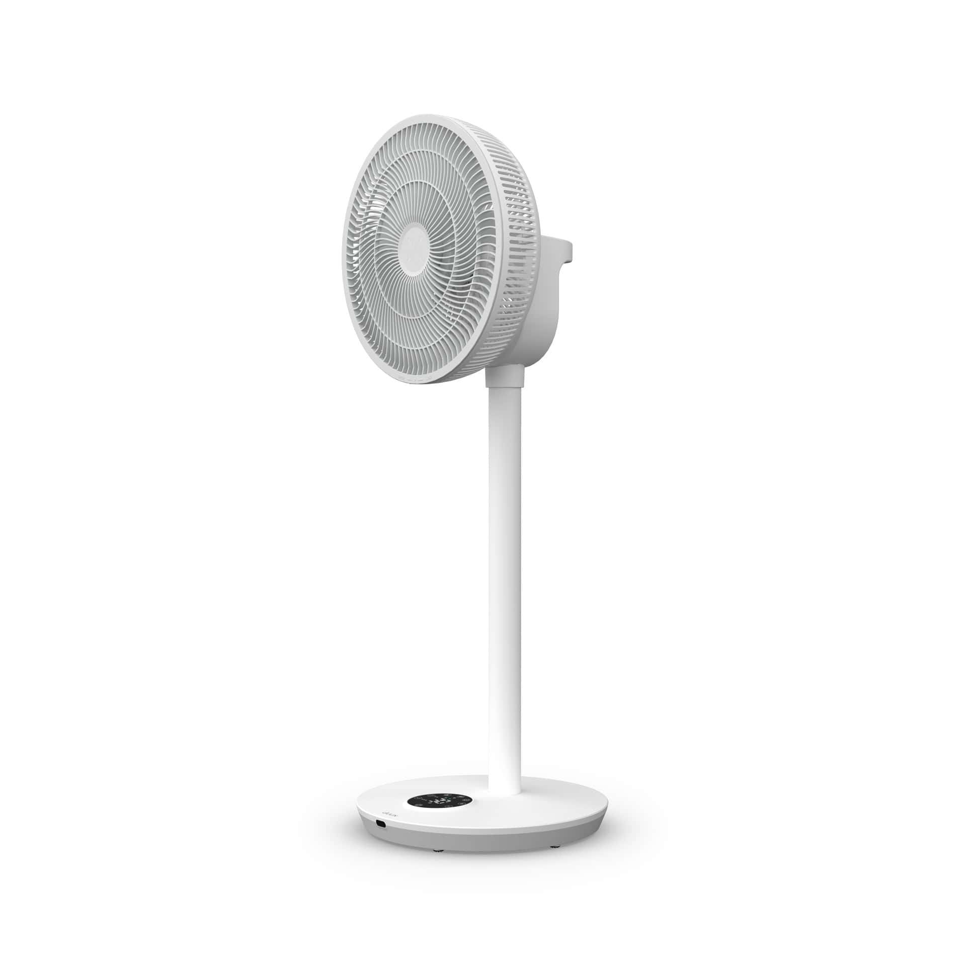 Un ventilateur sur pied blanc avec grille ronde et commandes tactiles sur sa base ronde.