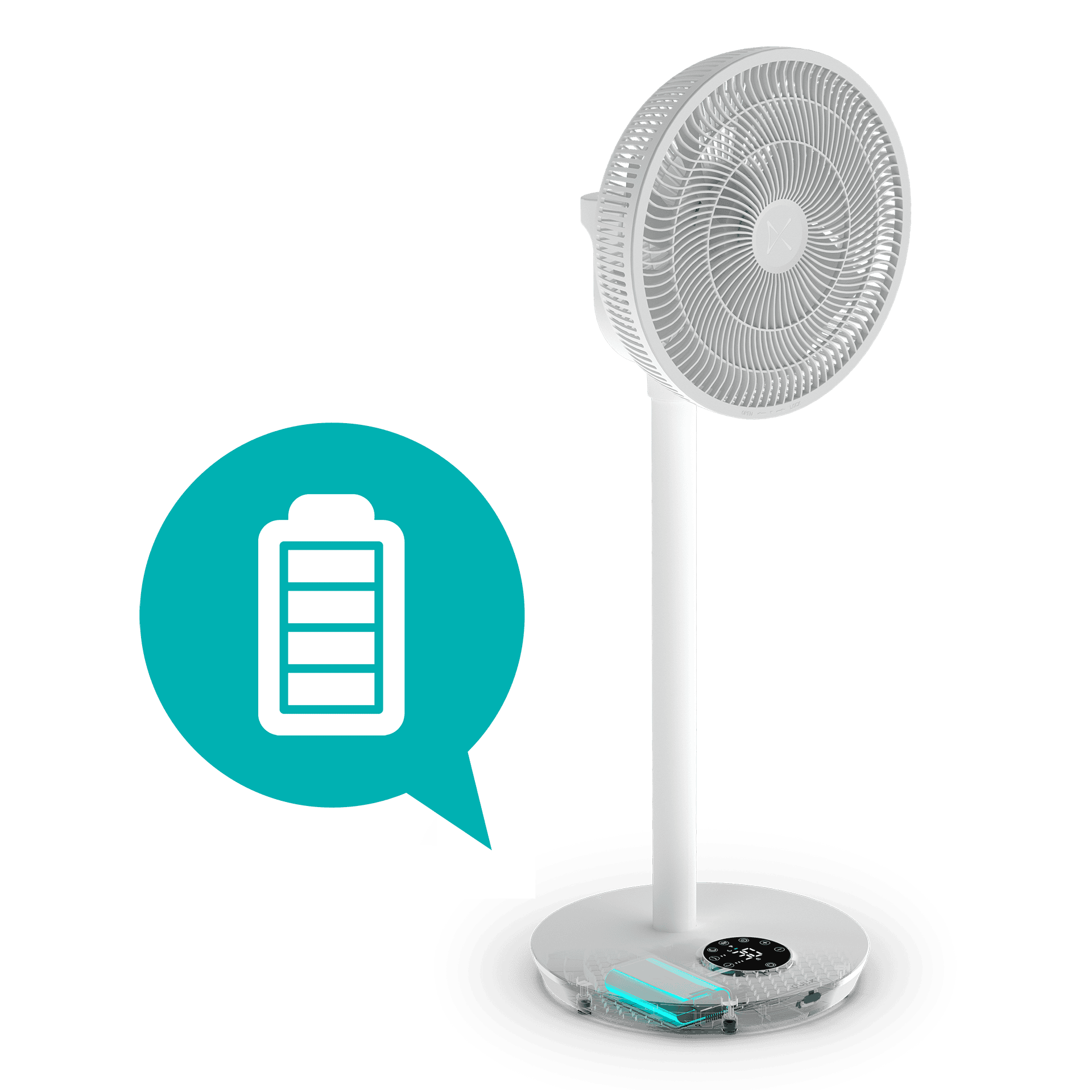 Un ventilateur sur pied blanc avec icône de batterie et indicateur de charge.