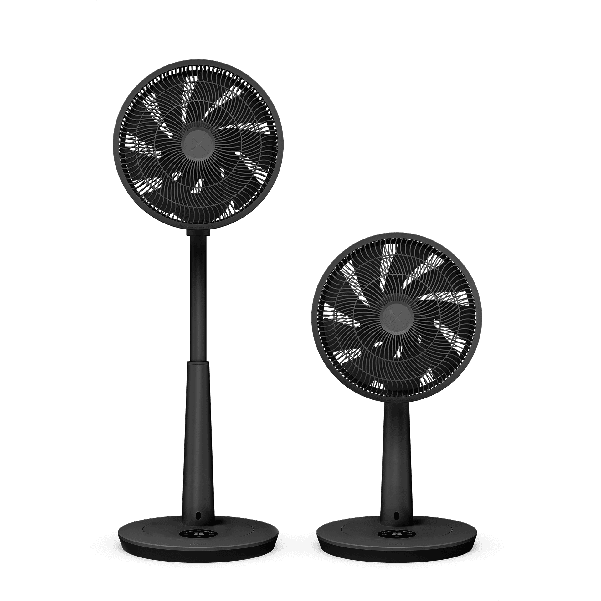Deux ventilateurs noirs sur pied, un grand et un petit, sur fond vert.