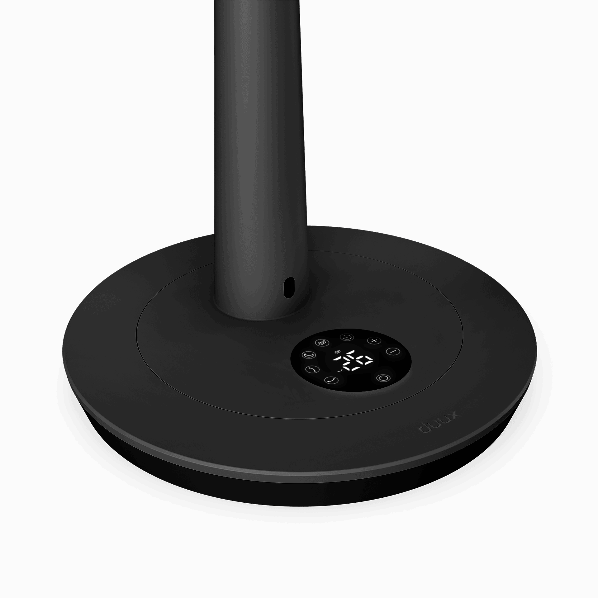 Base de ventilateur noire avec écran numérique et boutons de commande.