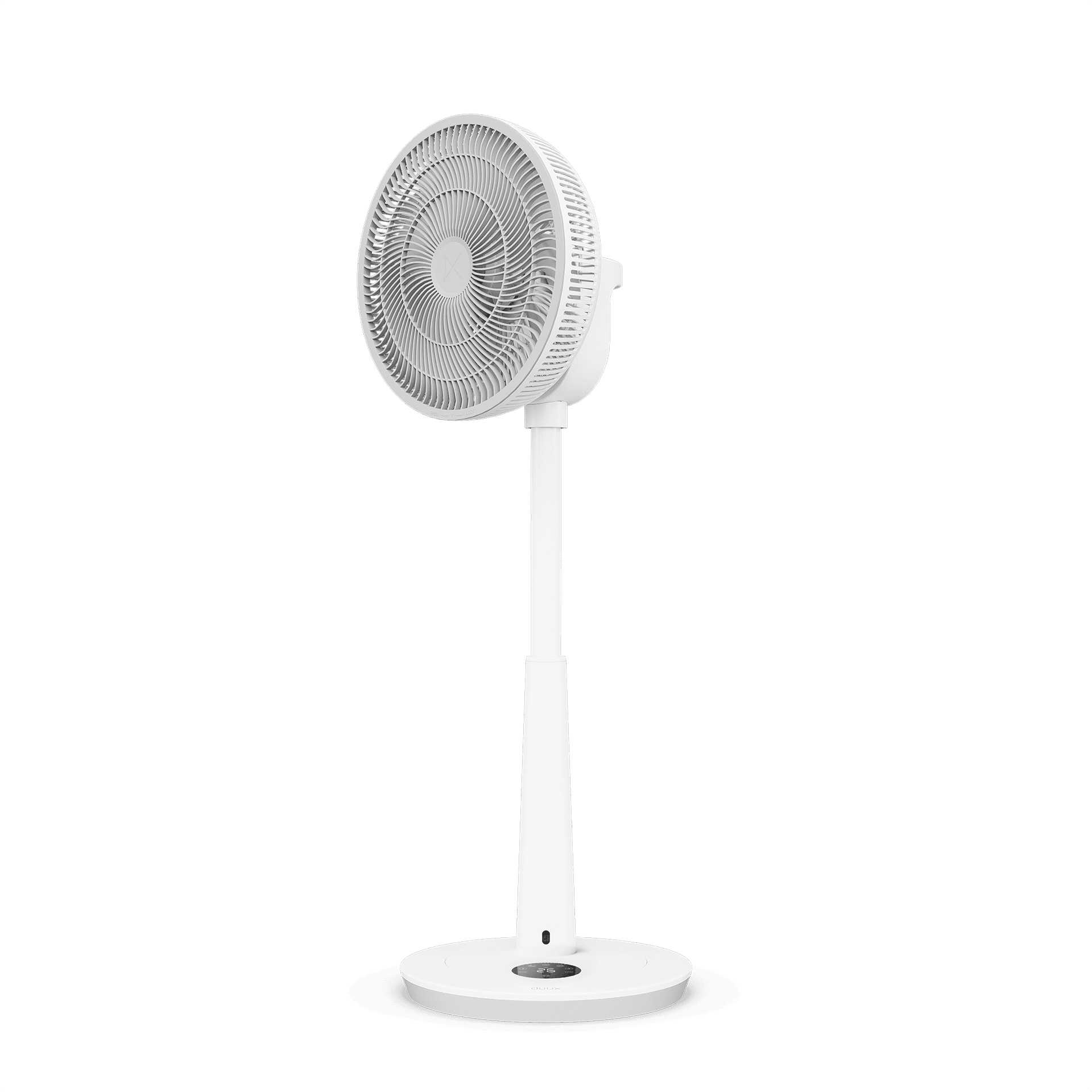 Ein weißer Standventilator mit rundem Gitter und einem schlanken Ständer.