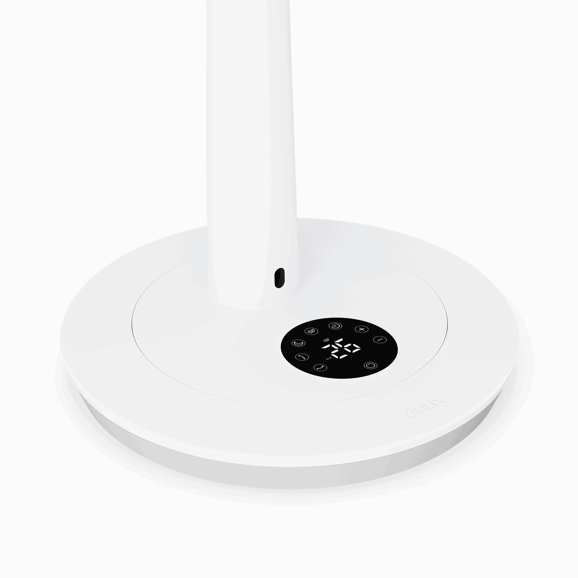 Weiße Lampe mit digitaler Anzeige und Symbolen auf schwarzem Kreis.