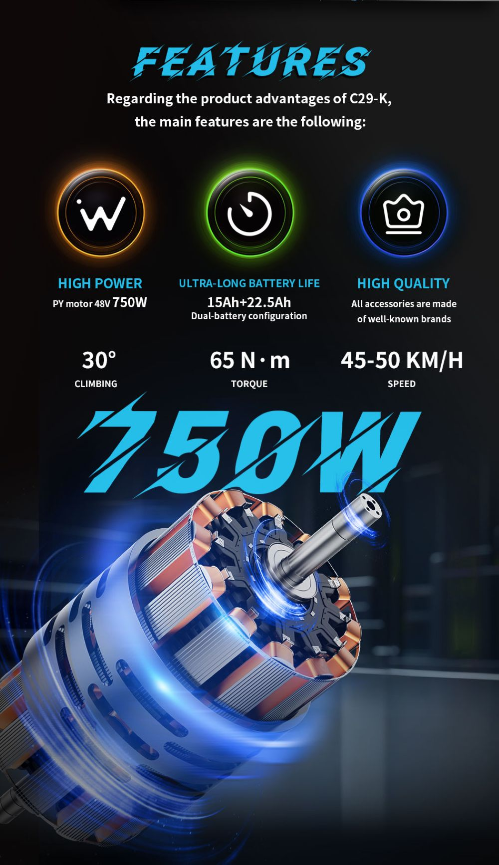 Motore 750W, 30° salita, 65 Nm coppia, 45-50 km/h velocità.