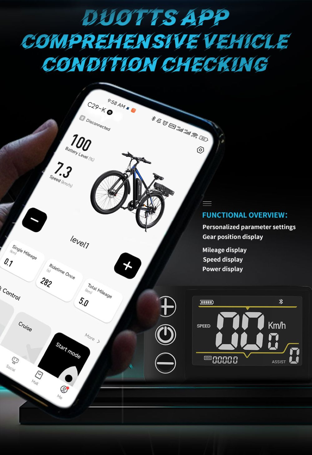 Smartphone mostra app e-bike con livello batteria, velocità e immagine bici. Un display mostra la velocità.