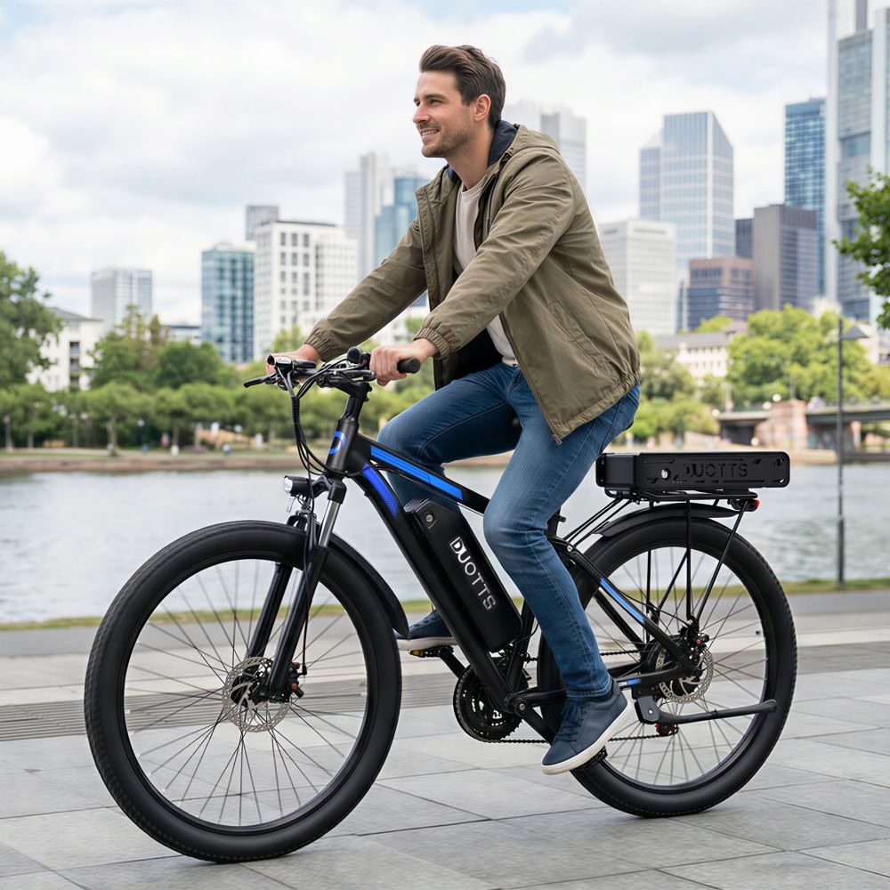 Uomo in bici elettrica vicino all'acqua con skyline cittadino.
