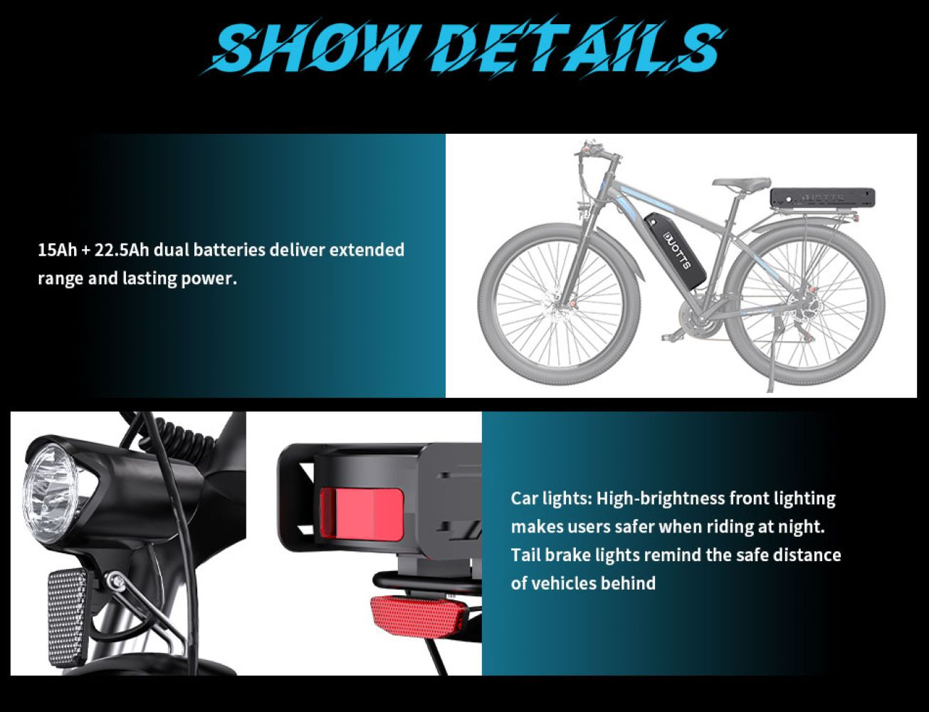 E-bike con doppie batterie, luci anteriori e posteriori. Dettagli su potenza e sicurezza.