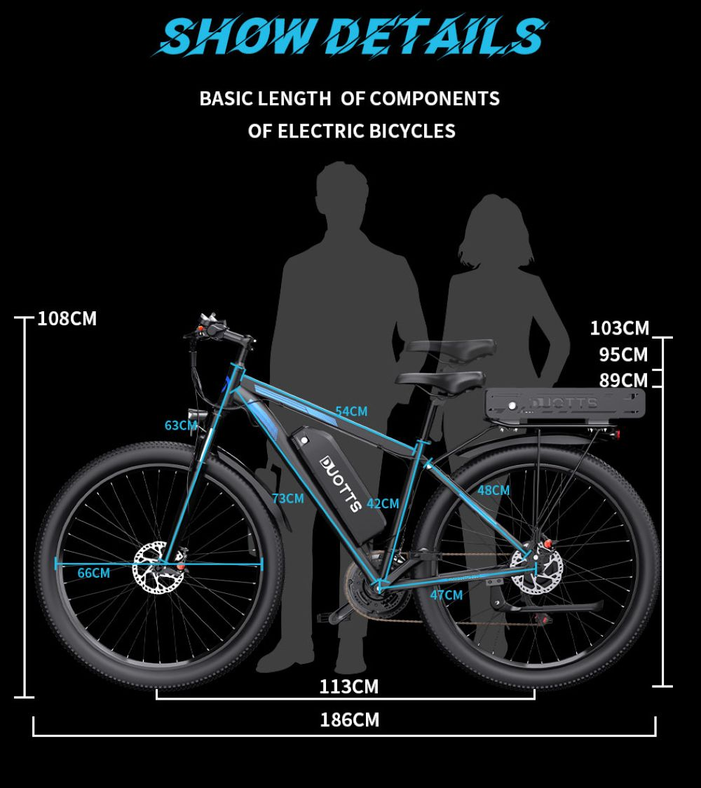 Bicicleta eléctrica azul con dimensiones y siluetas humanas.