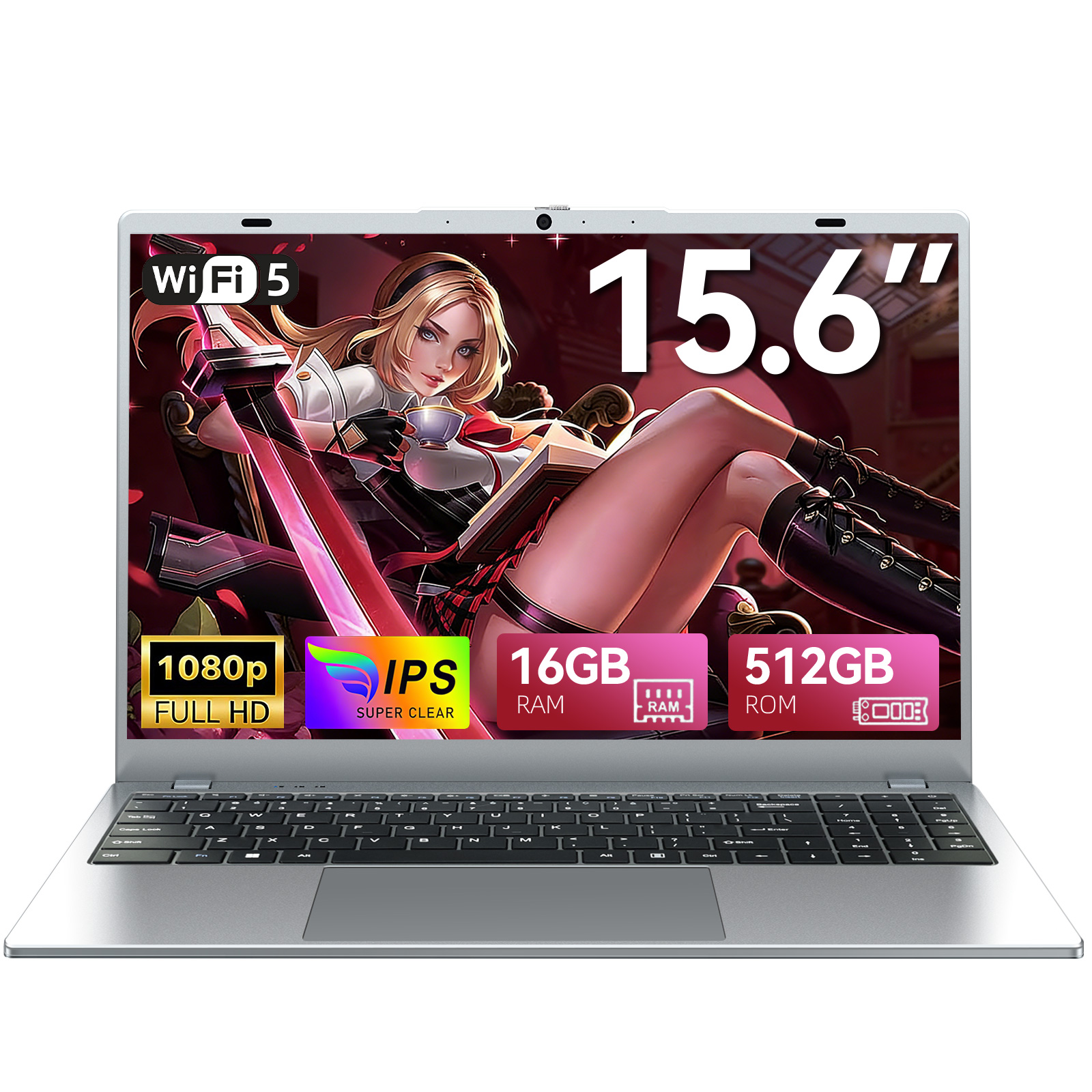 Laptop mit 15,6 Zoll Bildschirm, Wi-Fi 5, 1080p, IPS, 16GB RAM, 512GB ROM.