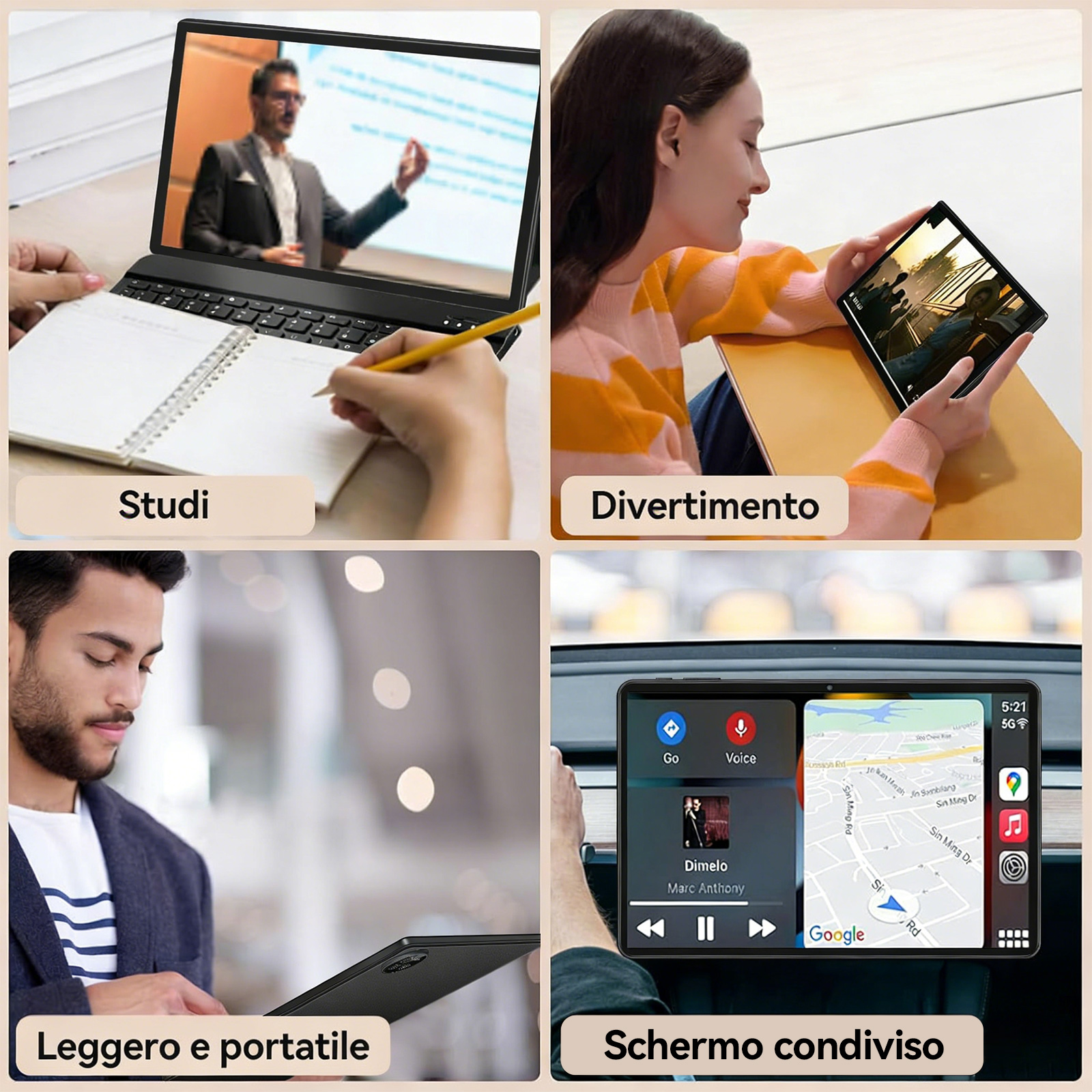 Quattro scene: Studio, intrattenimento, portabilità e navigazione auto.