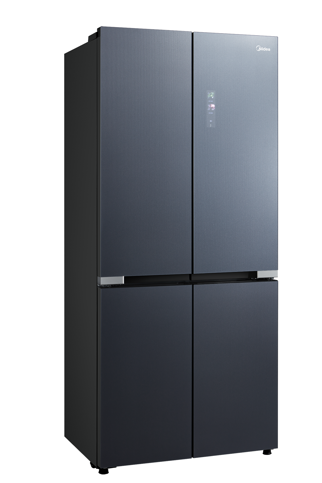 Un réfrigérateur moderne gris foncé à quatre portes avec écran tactile.