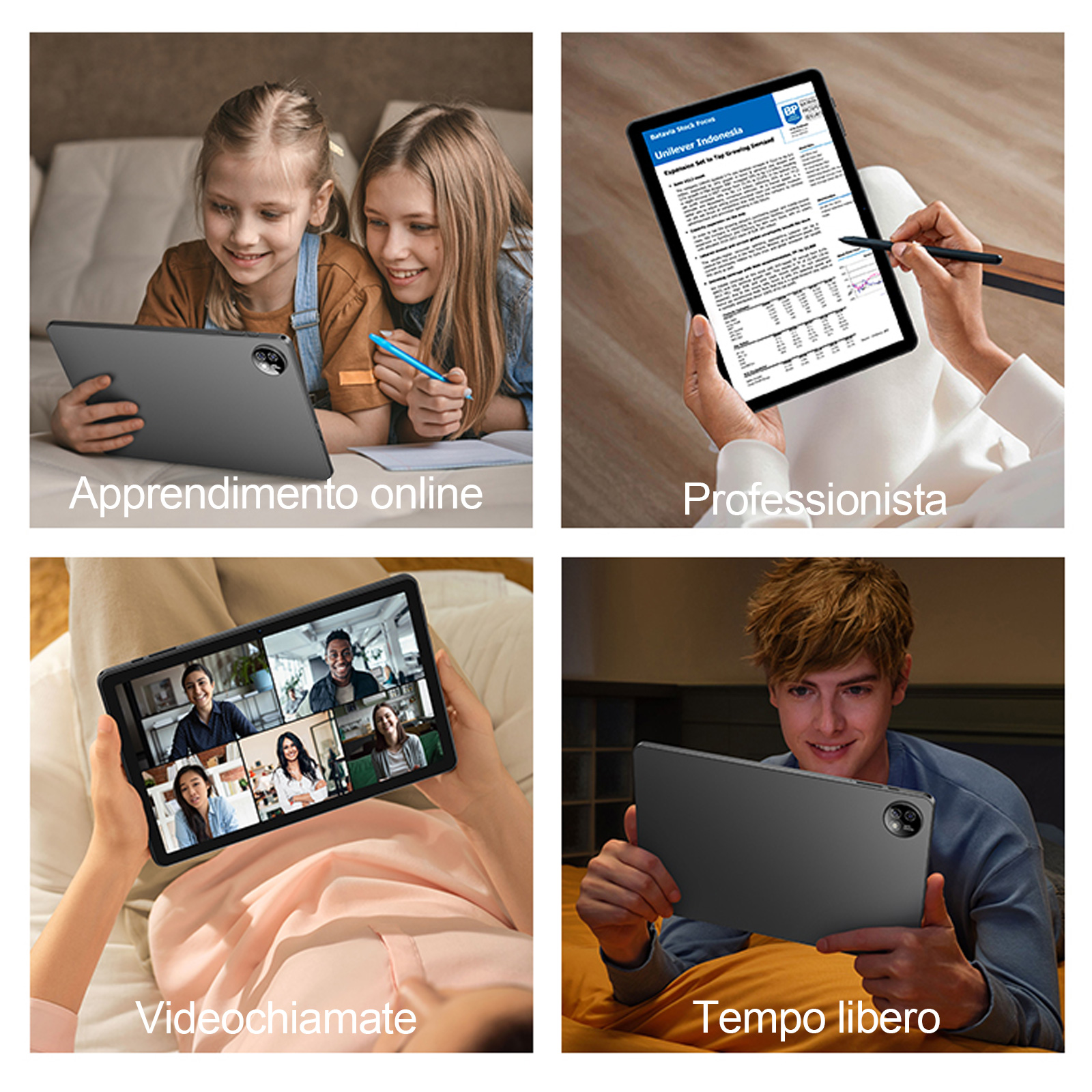 Due bambine imparano online su un tablet. Un uomo lavora su un tablet.