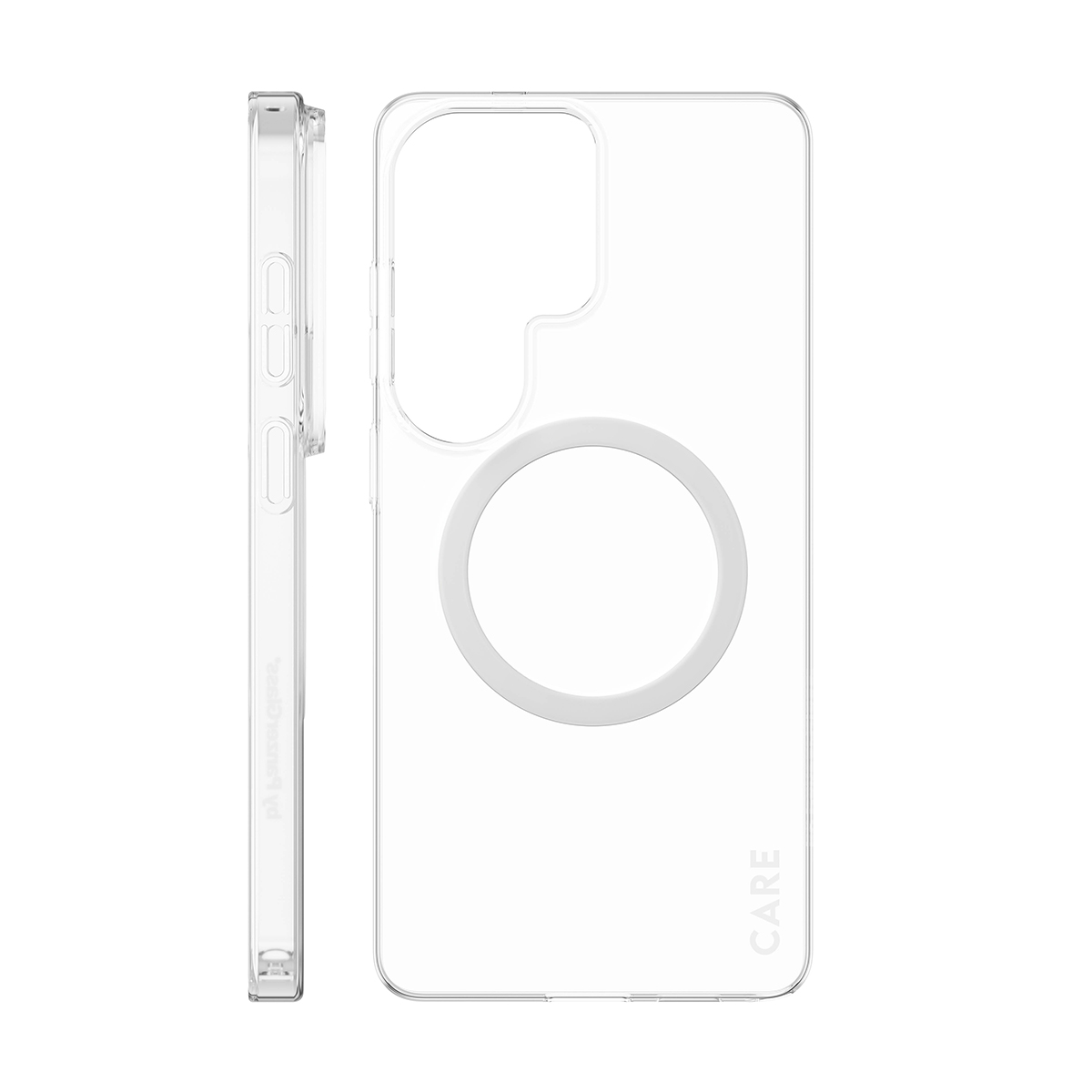 Mıknatıslı halkalı ve CARE logolu şeffaf telefon kılıfı.