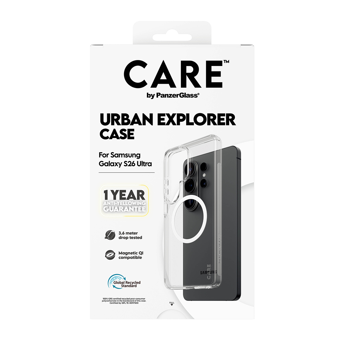 Samsung S26 Ultra için şeffaf kılıf ambalajı, garanti ve özellikler gösteriliyor.