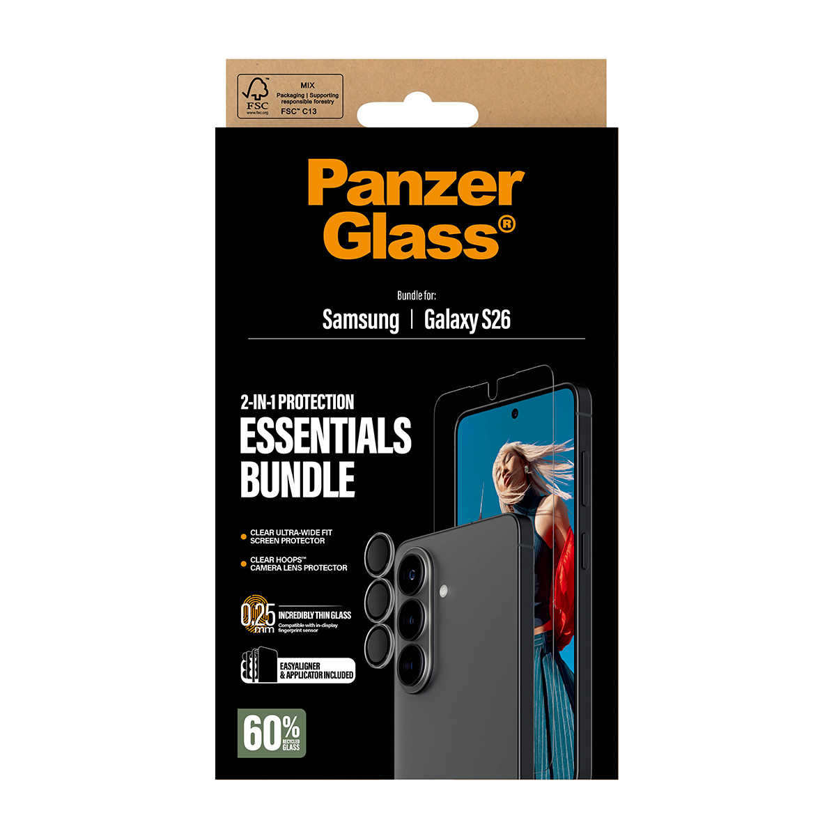 Confezione Panzer Glass per Samsung Galaxy S26 con protezioni schermo e lente.
