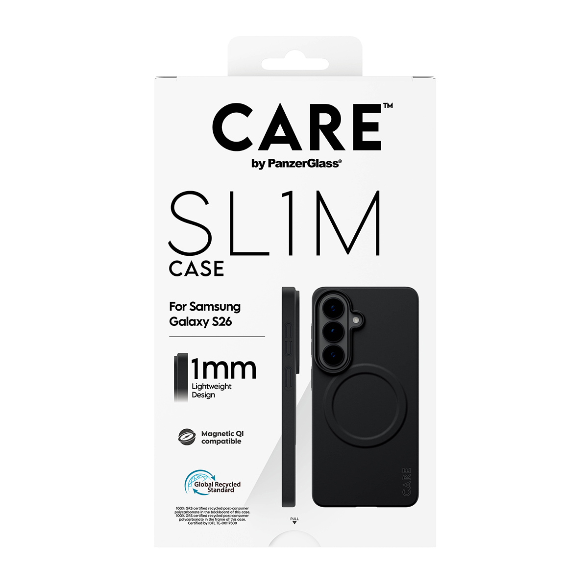 Schwarze Handyhülle für Samsung Galaxy S26 mit CARE-Logo, 1mm dick, magnetisch.