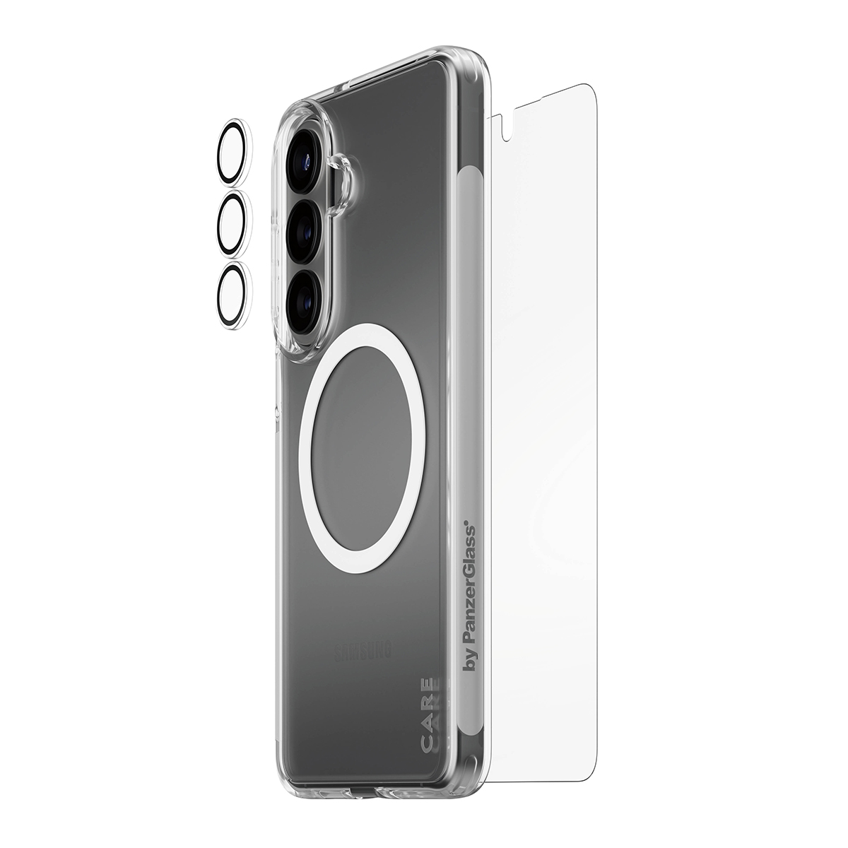 Una custodia trasparente per telefono con anello magnetico, tre protezioni per obiettivo e protezione schermo.