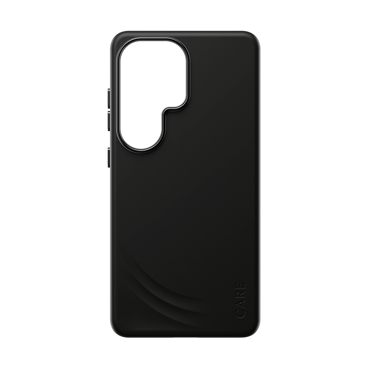 Kamera kesimli ve yan düğmeli siyah telefon kılıfı.