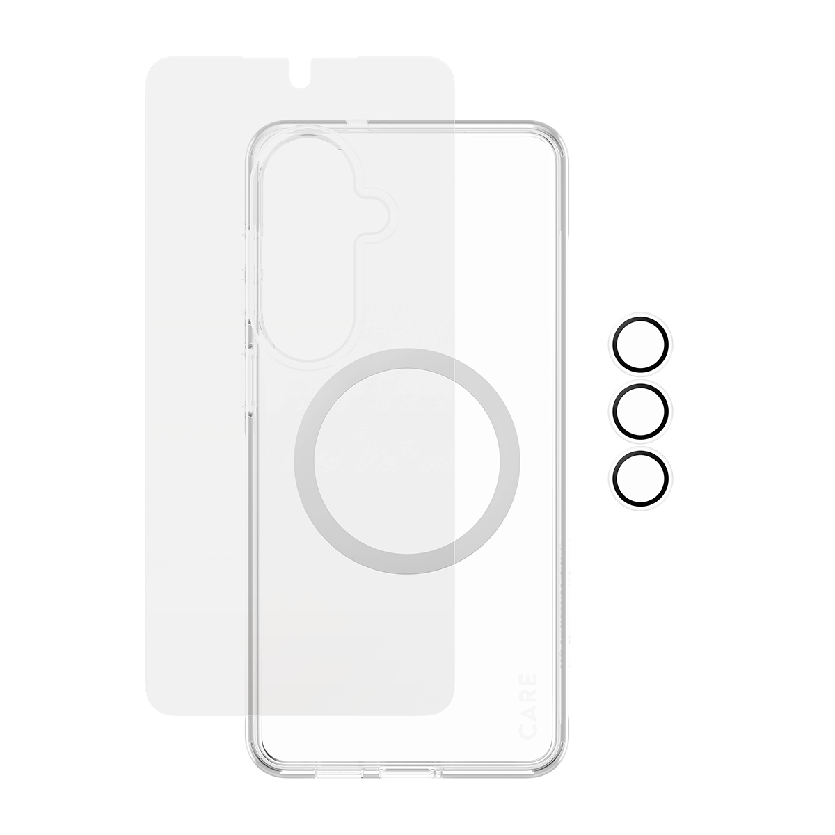 Custodia trasparente per telefono con anello magnetico, proteggi schermo e copriobiettivi.